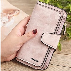 New Suede Like Feel Pink Leather Trifold Clutch Forever Wallet NWOT